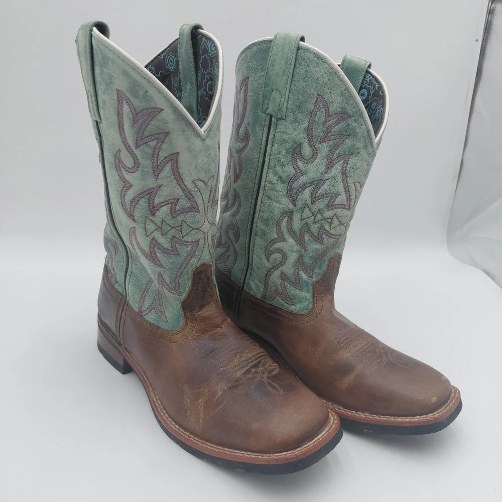 Laredo Womens 9.5 M Anita 5607 Brown Turquoise Wide Square Toe Cowboy Boots